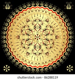 Decorative gold round frame on black background (vector)