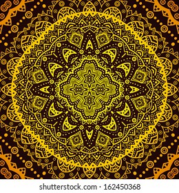 Decorative gold round pattern frame on black background. Vector illustration for elegant design.