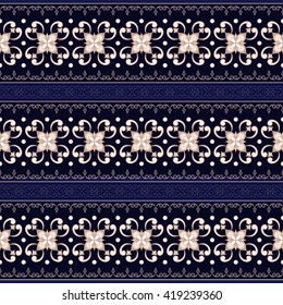 Decorative gold seamless border on a blue background.  Ornate element for design. Ornamental lace pattern. Traditional floral golden decor.