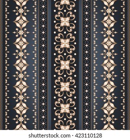 Decorative gold seamless border on dark gray. Ornate element for design. Ornamental lace pattern for invitations and greeting cards. Traditional floral decor.
