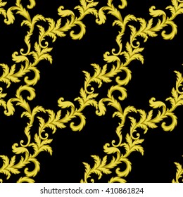 Decorative Gold seamless pattern isolated on black background. Baroque Wallpaper. Tile element