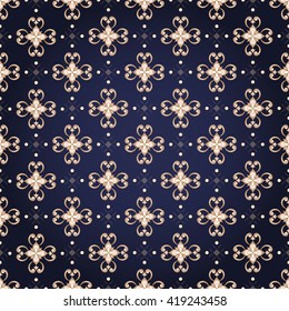 Decorative gold seamless texture on a dark blue.  Element for design. Ornamental backdrop. Ornate floral decor for wallpaper. Traditional decor on dark blue background.