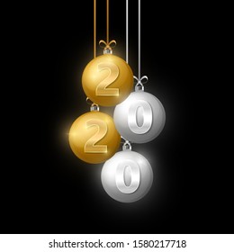 Decorative gold and silver Christmas shining balls with 2020 sign isolated on black background. Decorative luxury sign for New Year 2020 invitation, card, sale etc. Happy New year concept. Vector