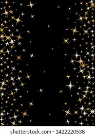 Decorative gold star dust sparkle vector frame border background. Glitter stardust confetti, shining sparkles pattern design on black. Glossy gold stars frame vector, tinsel lights background.