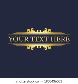 Decorative gold title frame isolated on navy blue color background. Classic floral ornament, Design Element