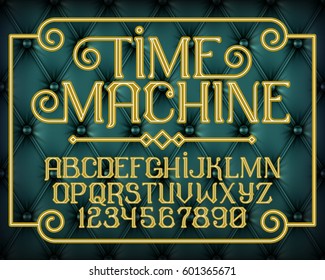 Decorative Gold Vintage Font Set Time Machine On Blue Old Leather Background. Old Style Alphabet Design. Vector Illustration