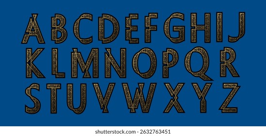 Decorative golden alphabet with oriental pattern on a blue background. Luxurious uppercase monogram letters in an elegant and intricate style, ideal for premium branding, invitations, or digital art.