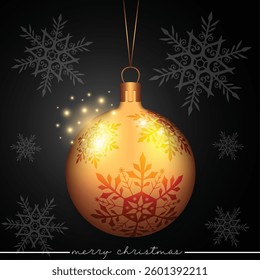 A decorative golden bauble featuring stylish snowflake embellishments on a joyous holiday black background.