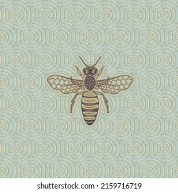 Decorative golden bee on a honeycomb background pattern print. Hand drawn vector illustration, digital background, surface design. Perfect for textiles, wallpaper, packaging design, interior