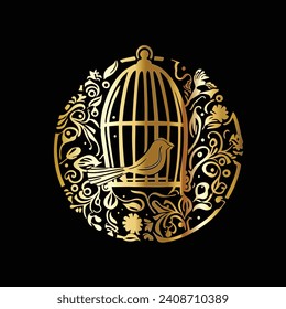 decorative golden bird cage vector illustration isolated on black background