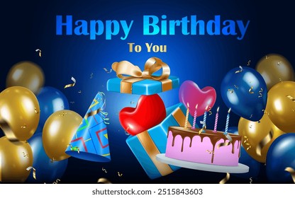 decorative golden and blue elegant flying balloons with birthday symbols happy birthday celebration background. birthday celebration digital banner and card element vector illustration.