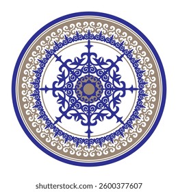 Decorative golden blue round ornament frame in oriental style with large pattern in the center, persian motif. Round pattern of the ancient nomad. For plate, embroidery, porcelain, sandblast, ceramic