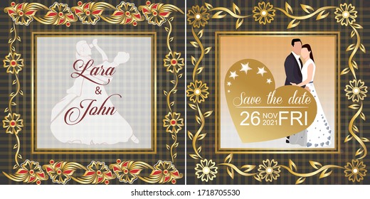 decorative golden border save the date invitation card with bride and groom couple illustration colorful 