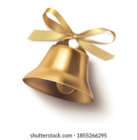 Decorative golden bow and bell isolated on white background. Christmas and New Year decoration. Vector illustration