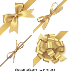 Decorative golden bow with diagonally ribbon for corner decor. New year holiday decorations set. Vector illustration