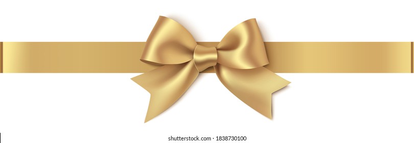 Decorative golden bow with horizontal gold ribbon isolated on white background. Christmas yellow bow. Vector illustration