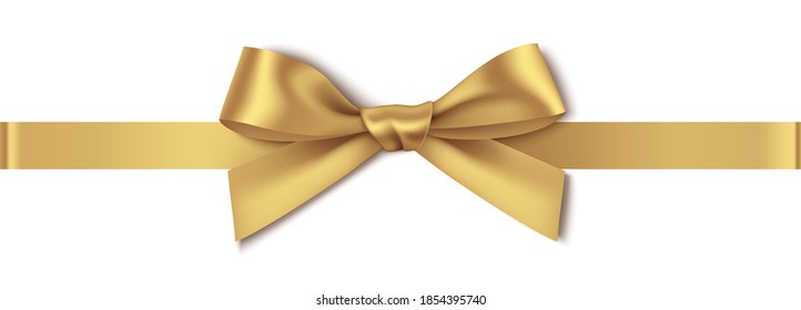 Decorative golden bow with horizontal gold ribbon isolated on white background. Christmas and New Year decoration. Vector illustration