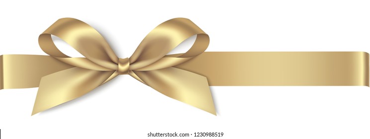 Decorative golden bow with horizontal ribbon isolated on white background. Vector illustration