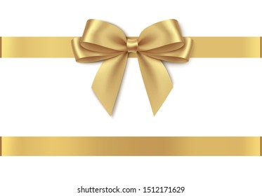 Decorative golden bow with horizontal ribbon isolated on white background. Vector illustration