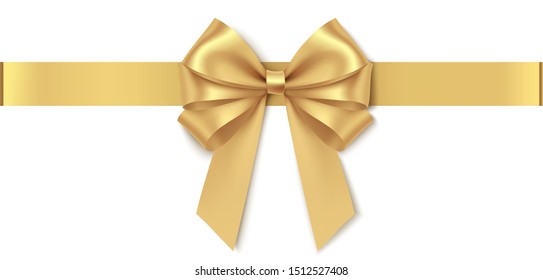 Decorative golden bow with horizontal ribbon isolated on white background. Vector illustration