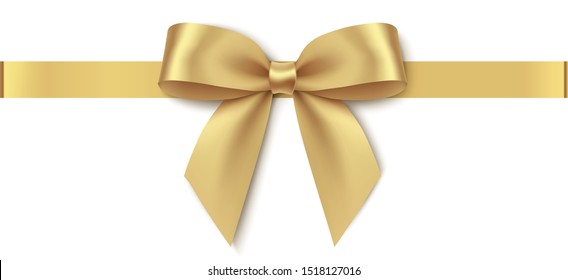 Decorative golden bow with horizontal ribbon isolated on white background. Vector illustration