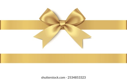 Decorative golden bow with horizontal ribbon isolated on white background. Vector illustration.