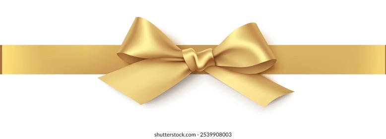 Decorative golden bow with horizontal ribbon isolated on white background. Vector illustration.