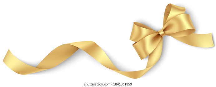 Decorative golden bow with long ribbon isolated on white background. Holiday decoration. Vector illustration.