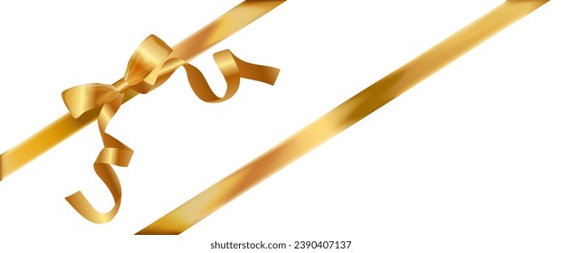 Decorative golden bow with long ribbon isolated on transparent background