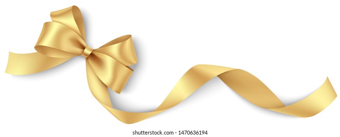 

Decorative golden bow with long yellow ribbon isolated on white background. Christmas and New Year holiday decoration. Vector illustration