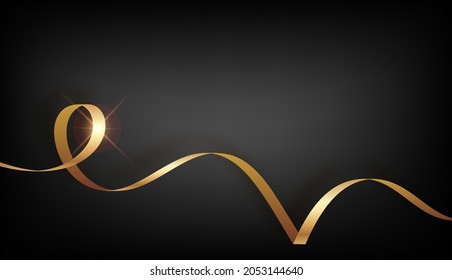 Decorative golden bow with long yellow ribbon isolated on black background. Christmas and New Year holiday decoration. Vector illustration
