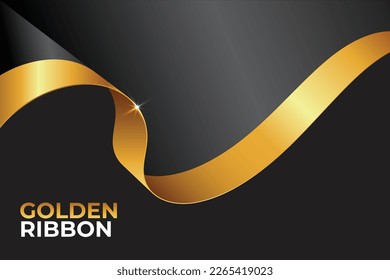 Decorative golden bow with long yellow ribbon isolated on black background.Decorative golden bows with horizontal yellow ribbon. Vector illustration