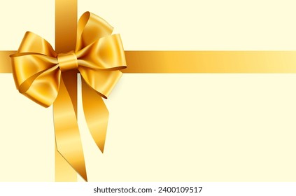 Decorative golden bow with long yellow ribbon isolated on white background. Christmas and New Year holiday decoration. Vector illustration.