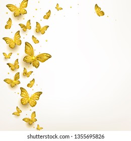 decorative golden butterflies in a flock on a light background