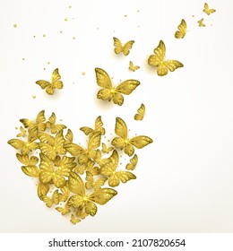 decorative golden butterflies sit in a flock in the shape of a heart on a light background