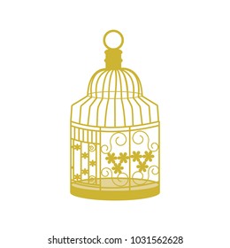 Decorative, golden cage for birds on white isolated background. Template for decor of postcard, album. Vector illustration.