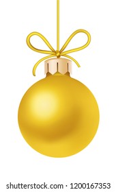 Decorative golden Christmas ball with gold bow and rope. Vector New Year decoration isolated on white background