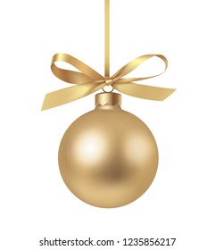 Decorative golden Christmas ball with gold bow isolated on white. New year decoration. Vector illustration