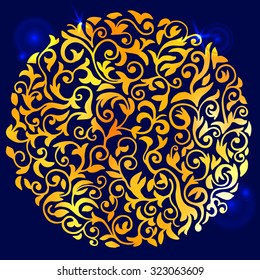 Decorative golden circle made of asymmetrical hand-drawn floral ornament on dark blue background. Vector color illustration.