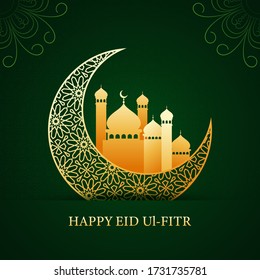 Decorative Golden Crescent Moon with Mosque on Green Arabic Pattern Background for Happy Eid-Ul-Fitr Celebration Concept.