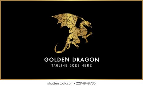 Decorative golden dragon monogram logo design, Isolated on a solid black background.