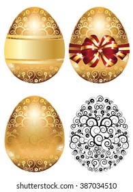 Decorative golden egg with festival red bow on white background.