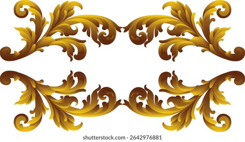 A decorative golden floral design with intricate swirling leaf patterns, arranged in two symmetrical horizontal flourishes on a white background