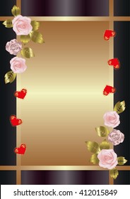 Decorative golden frame, decorated with red hearts and pink roses. Vector illustration.