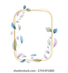 A decorative golden frame featuring soft watercolor leaves in shades of blue, green, and purple. The elegant botanical design outlines an empty space, perfect for text or pictures.