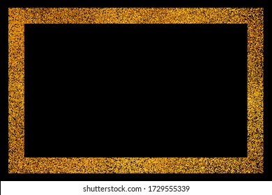 Decorative golden frame on black background. Luxury squared border with glitter effect. Gold vintage illustration. Creative design template. Abstract design element.  Copy space.