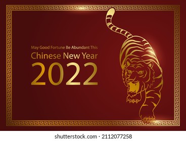 Decorative golden frame with oriental ornament and golden tiger line art, Chinese New Year greeting card theme