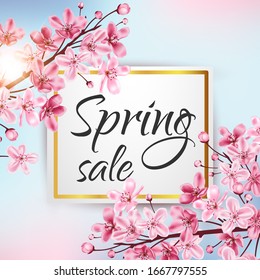 Decorative golden frame with pink cherry flowers. Spring floral background for seasonal sale. Vector illustration.