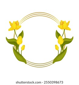 Decorative golden frame with spring flowers of yellow tulip. Vector graphics.