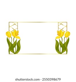 Decorative golden frame with spring flowers of yellow tulip. Vector graphics.